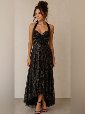 Lara Design high low halter maxi dress Floral Lace Black and Gold